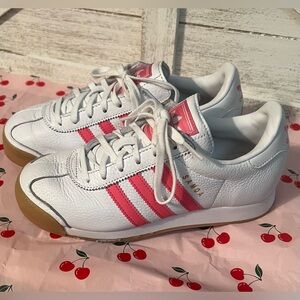 Adidas White Sneakers with Pink Stripes
